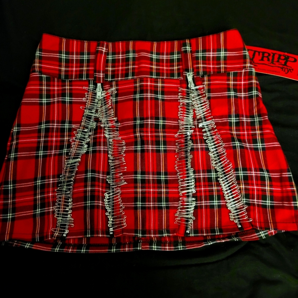 Tripp NYC Red Plaid Mini Skirt with Safety Pin Accents
